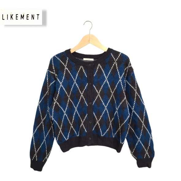Cardigan Wool Tebal Motif Ketupat Argyle Hitam-Navy