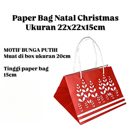 Paperbag Hampers Natal Motif Bunga Putih Ukuran 22x22x15cm Tas Kado Muat Box 20x20cm