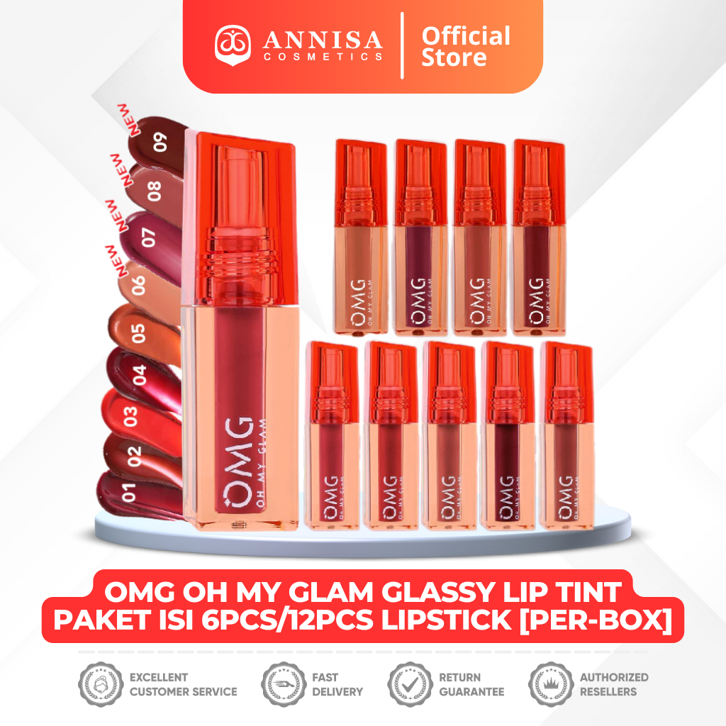 OMG OH MY GLAM Glassy Lip Tint - Paket 1 BOX isi 6pcs/12pcs Lipstick | Tahan Lama/Lusin