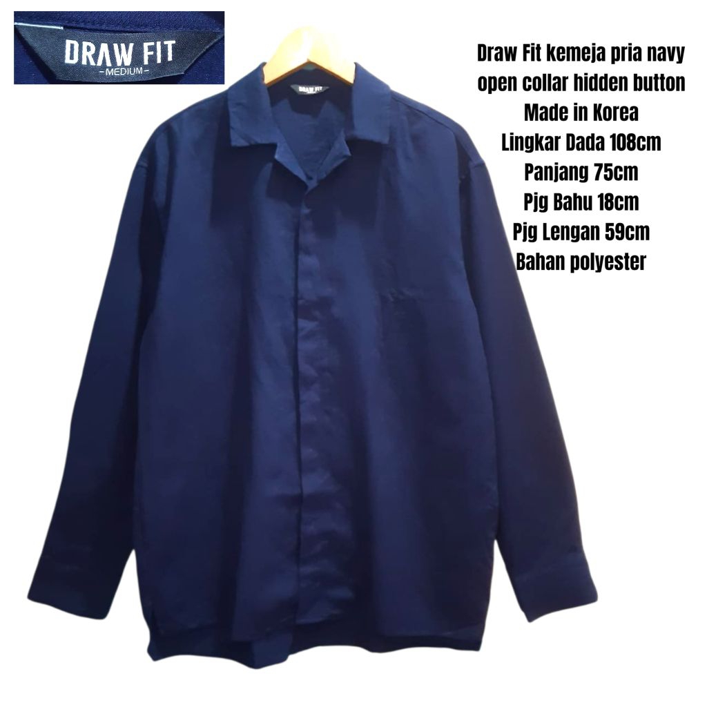Draw Fit kemeja pria navy skena open collar hidden button