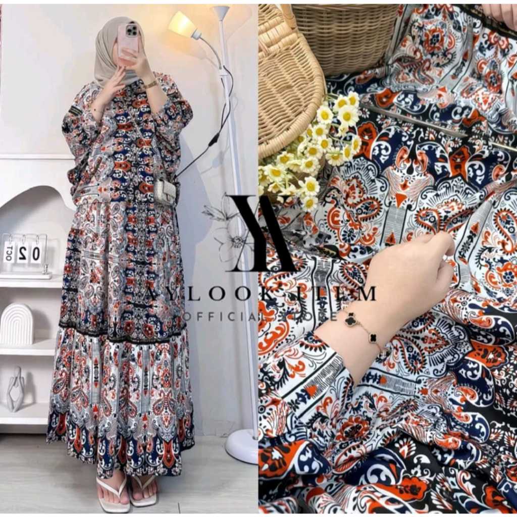 Ghina Set Setelan Rok dan Atasan Rayon Motif Terbaru Model Batwing Jumbo Fashion Muslim Wanita