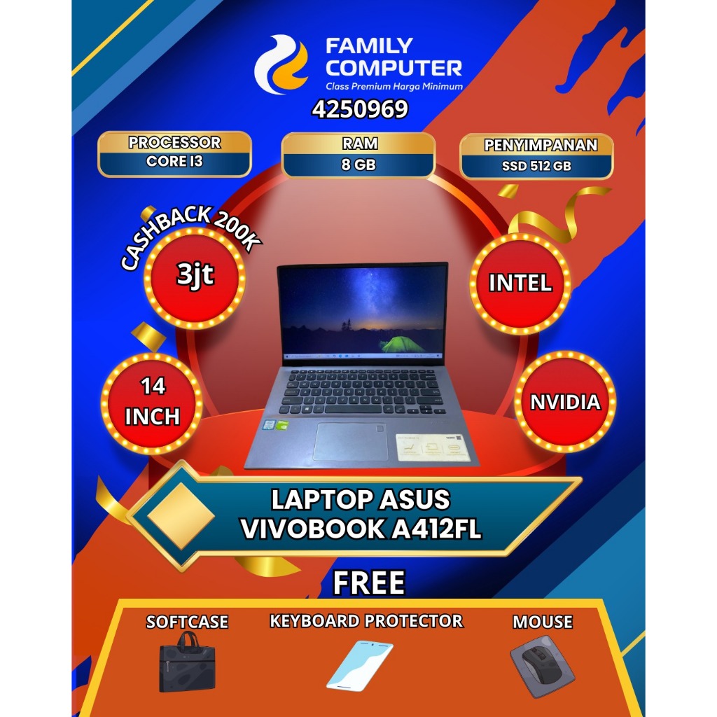 ASUS VIVOBOOK A412FL | CORE I3 GEN 8 | RAM 8GB | SSD 512GB | NVIDIA 2 GB | MULUS