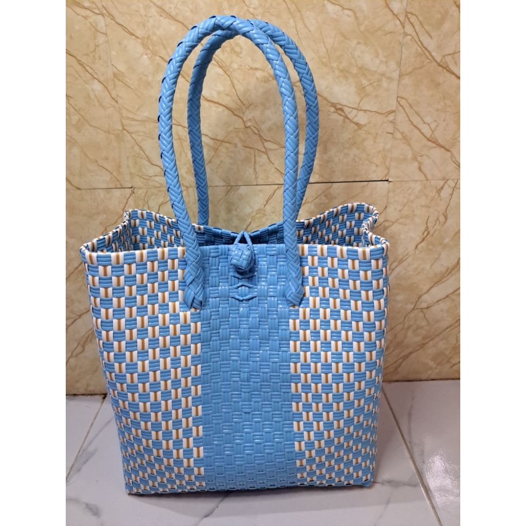 Tas Wanita ToteBag Anjani Biru Anyaman Rajut Plastik