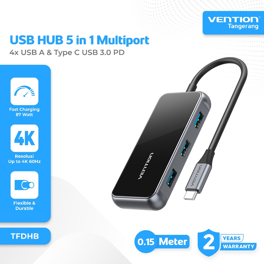 Vention USB HUB 5 in 1 Multiport 4x USB A & Type C USB 3.0 PD Mirrored Surface Type 0,15 CM - TFDHB