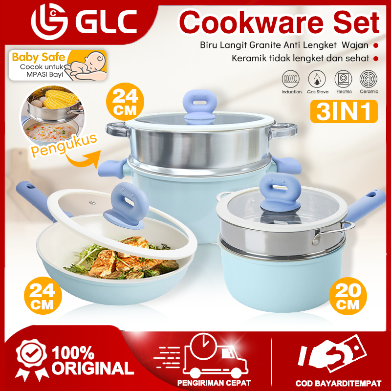 GLC Panci Set 3 Pcs – MPASI Baby Pan Wajan Keramik Coating Granit, Aman Food Grade & Bonus Kukusan