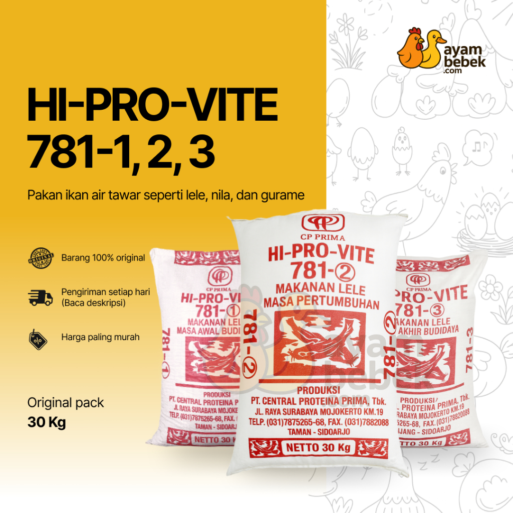 PELET PAKAN IKAN LELE, GURAME, NILA, DLL. HI-PRO-VITE CP Prima 781-1, 781-2 dan 781-3 | GROSIR 1 SAK