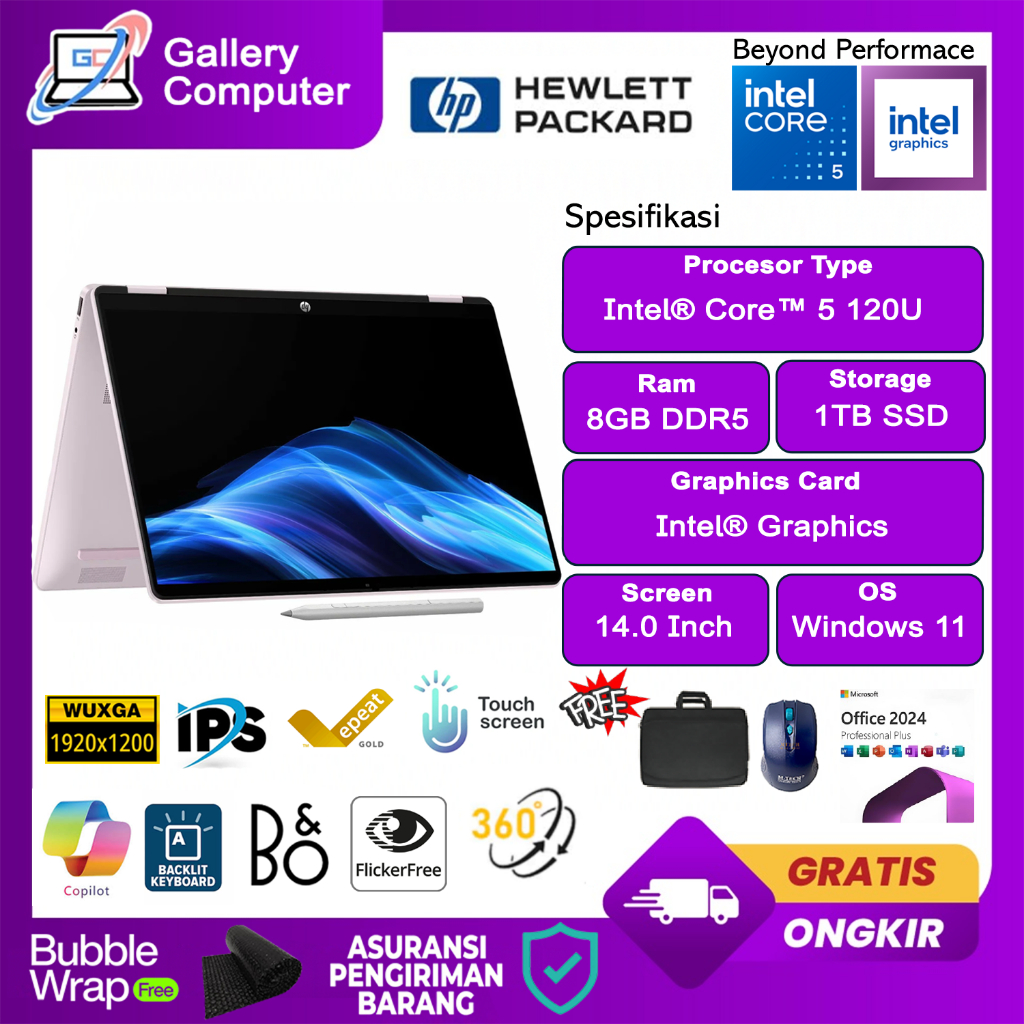 Laptop Hp Omnibook 5 Flip 14 Intel Core 5 120U Ram 8GB 1TB Ssd 2K Wuxga Ips Touchscreen win11+ Offic