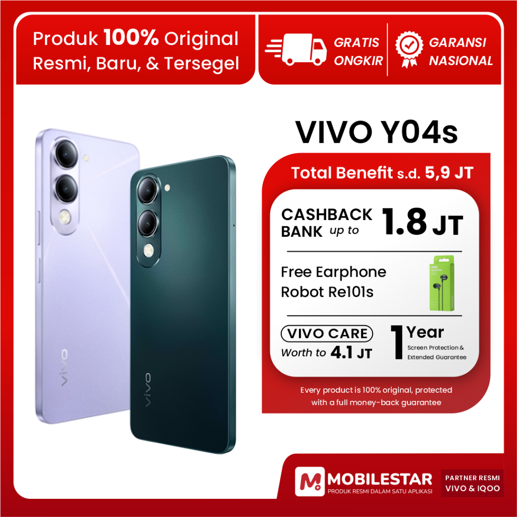 [BNIB] HP 1 Jutaan Vivo Y04s | Tahan Banting Ekstrem, Air, dan Debu IP64 | 6000 mAh | GARANSI RESMI