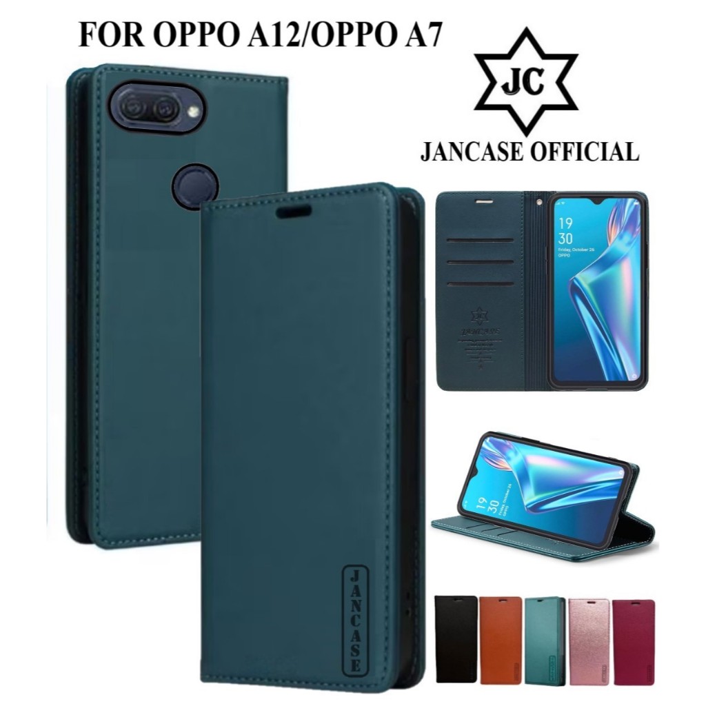 jancase oppo a12/oppo a7 cover hp model dompet multi fungsi flip case walet leather