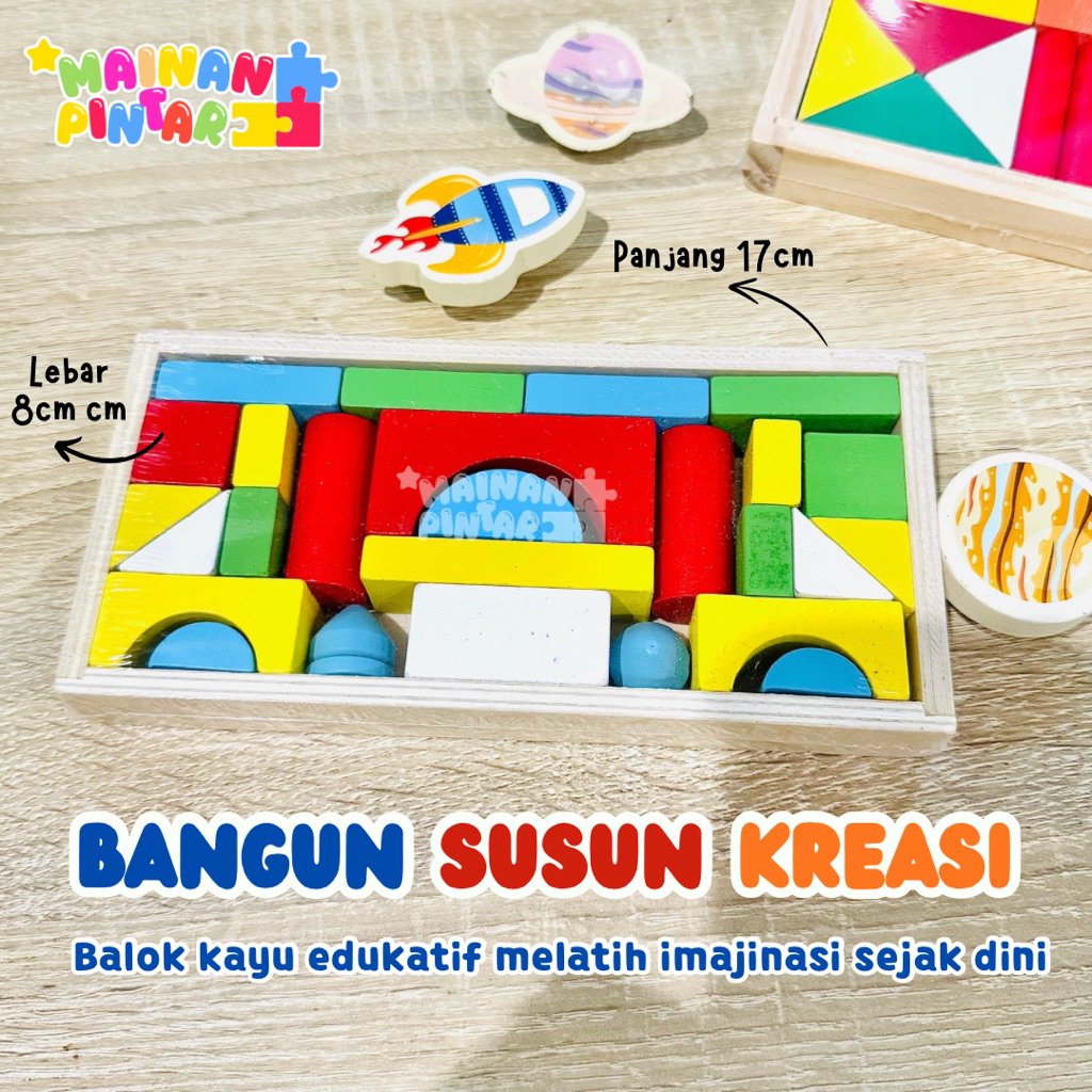 Balok Kayu Susun | Balok Susun Edukatif | Balok Kayu | Mainan Balok Kayu | Balok Kayu Mini Geometri