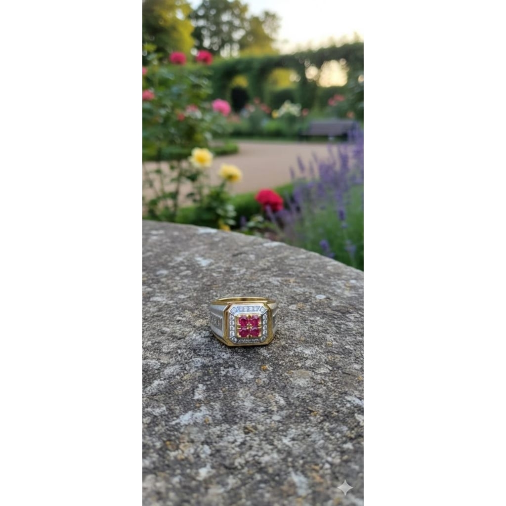 Cincin pria berlian Asli mata utama 4 pcs merah ruby/ cincin big bos cowk keren ,gratis memk lab dan