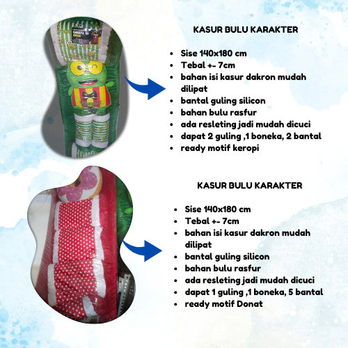 Kasur bulu berkarakter 2 bantal 2 guling 1 boneka