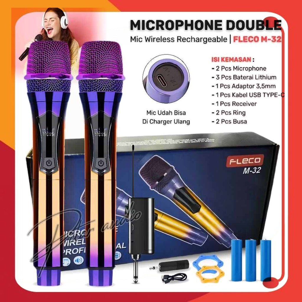 Fleco M-32 Wireless Mic Rechargeable 2x Mic