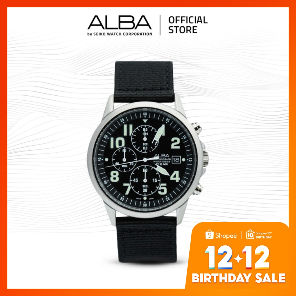 Alba Jam Tangan Pria Pilot Chronograph AM3853 / AM3853X1 Quartz Black Dial Nylon Strap Watch