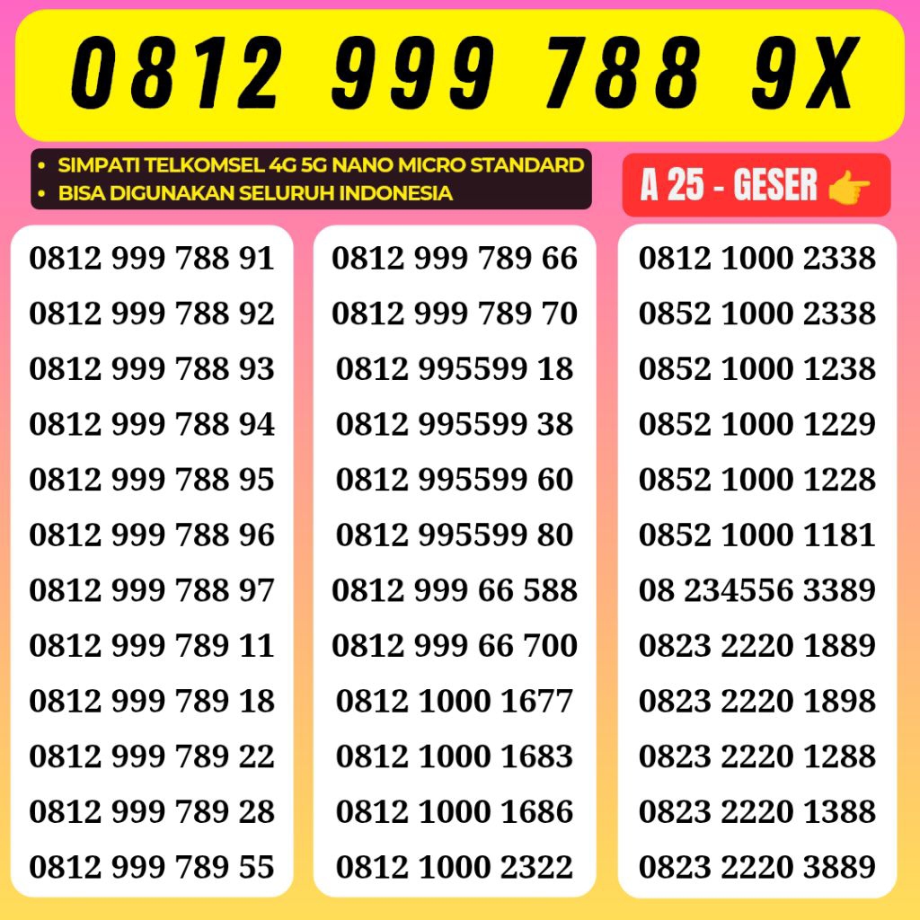 Nomor Cantik Telkomsel Panca Super 999 789xx Kartu Perdana Telkomsel Tsel Red Telkomsel 5g Telkomsel