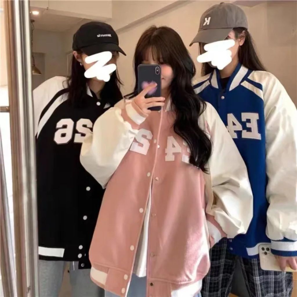 Lestary Clothing Store – Varsity Jacket Pink Black Patch F4 26 Wanita Oversized S-6XL Bahan Tebal Wa