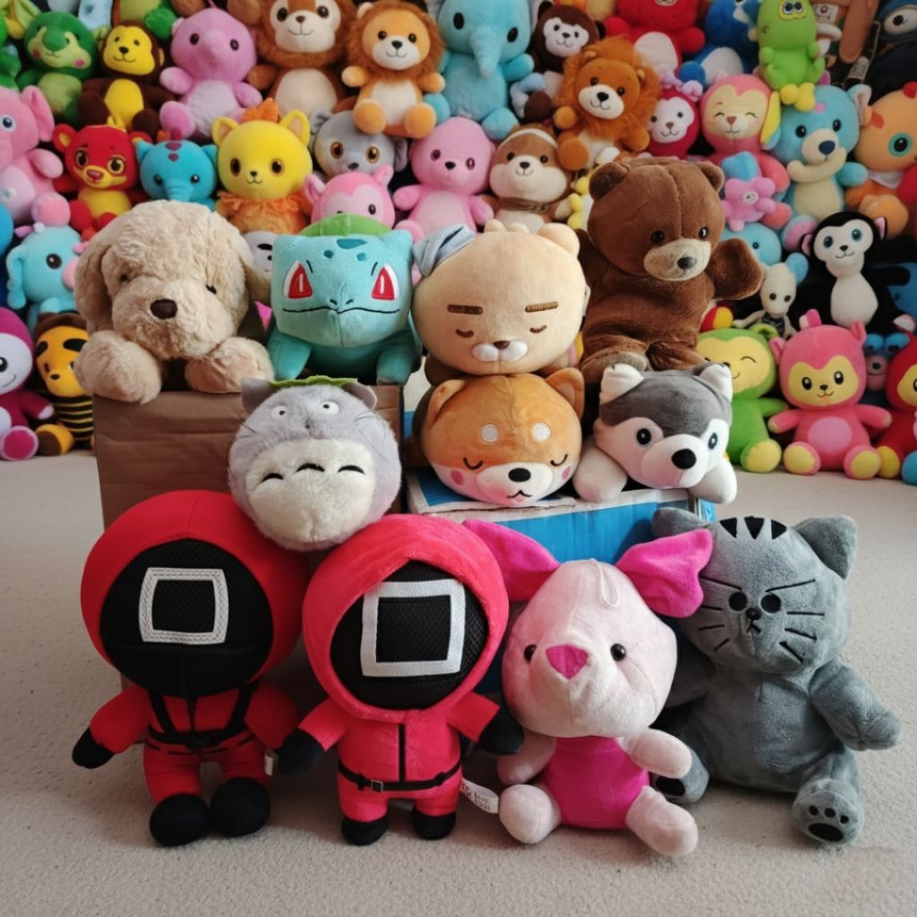 Boneka Thrift import no tag, Totoro, Piglet, Squid Game, Husky, Shiba Inu, Ryan KakaoTalk, Kucing. C