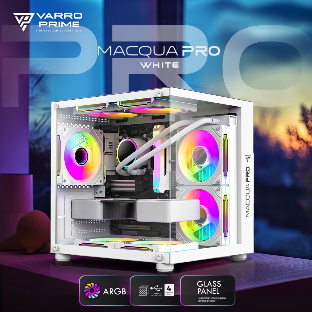 Casing PC Gaming Varro Prime Macqua Pro M-ATX Free 3 Fan RGB Tempered Glass