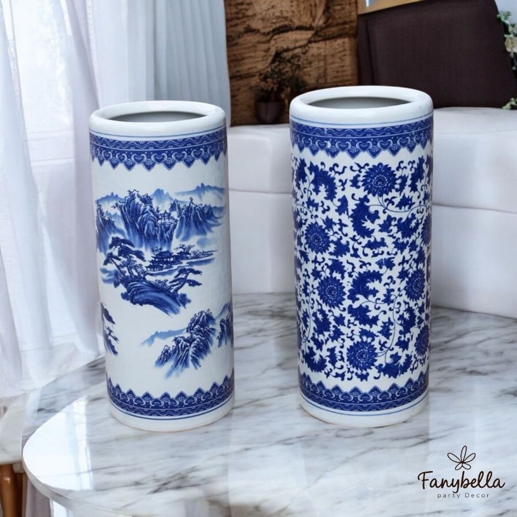 Tempat Payung Keramik Set 3 Guci Vas Bunga Keramik Porselen Biru Putih Import Dekorasi Rumah