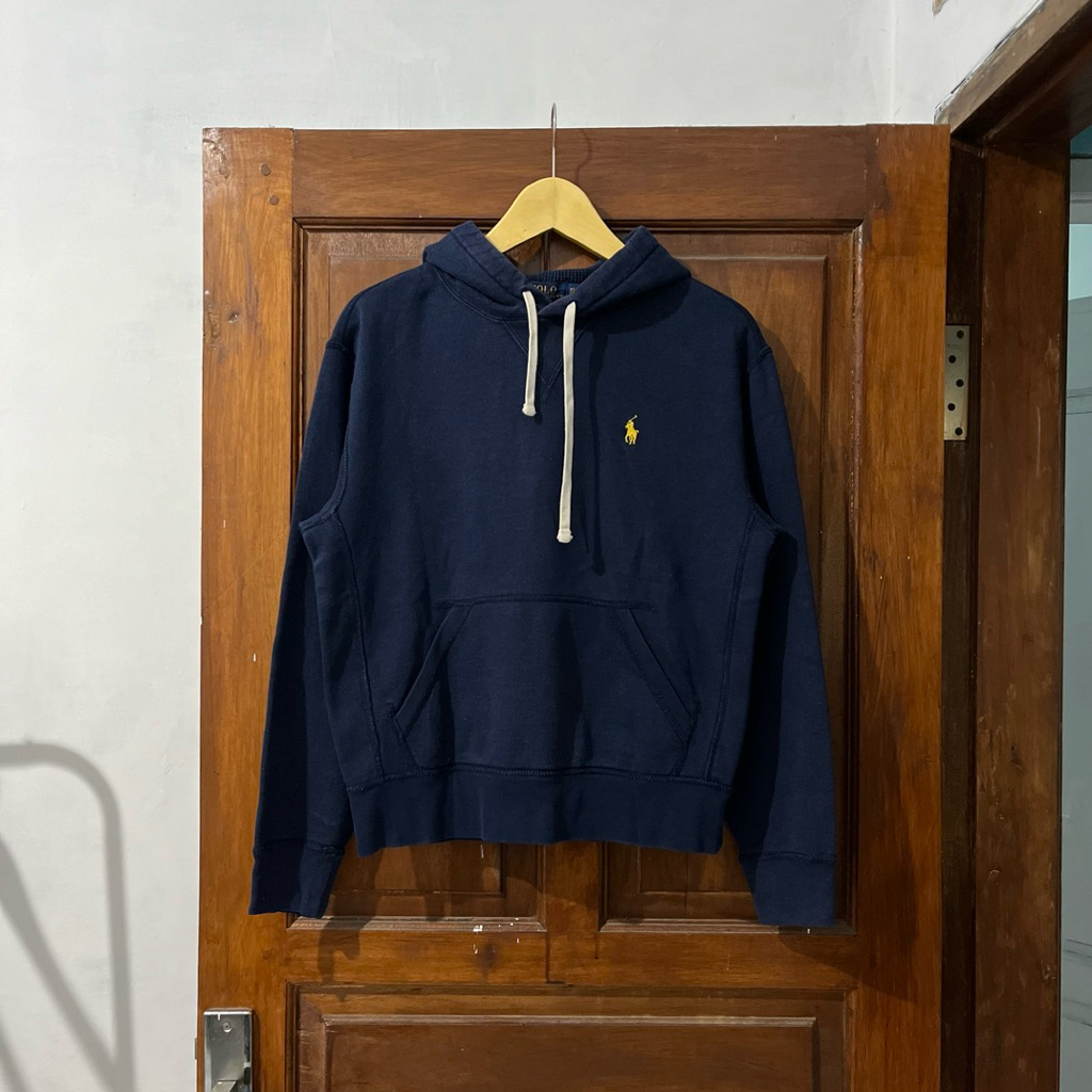 [XS-S] Polo Ralph Lauren Cotton Hoodie Long Sleeve I Navy Logo Yellow I Vintage Vtg Retro Kemeja Gar