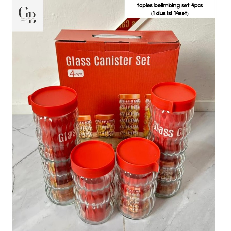 Toples Kaca Motif Belimbing Set 4In 1 / SET 3IN1  Tempat Kue Kering Lebaran