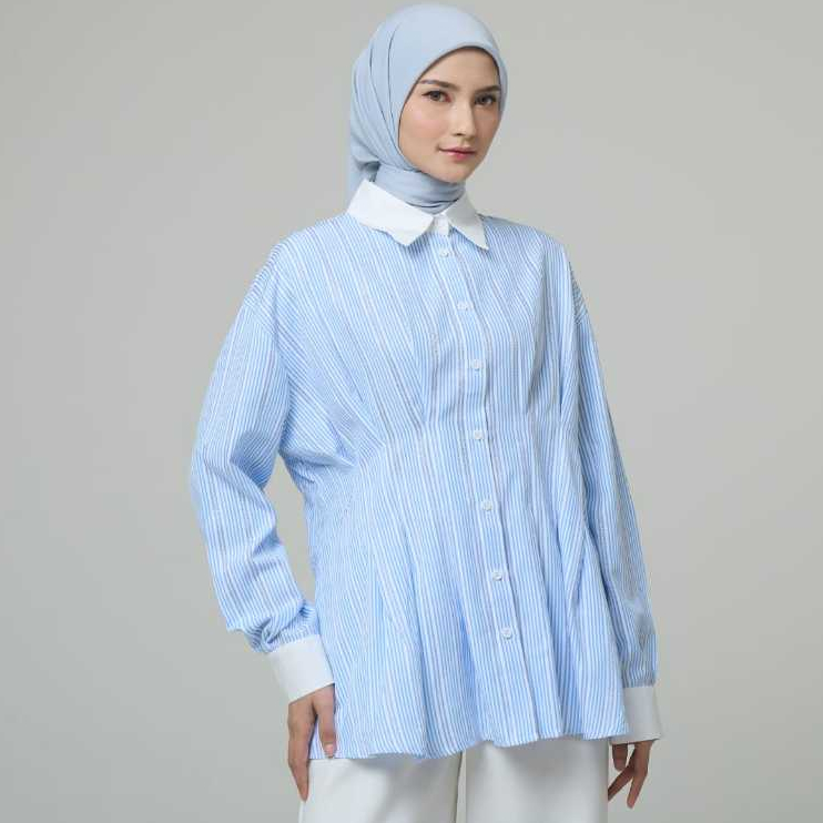 Adeola Scarf - Striped Serenity Series - Kemeja Wanita - Blue