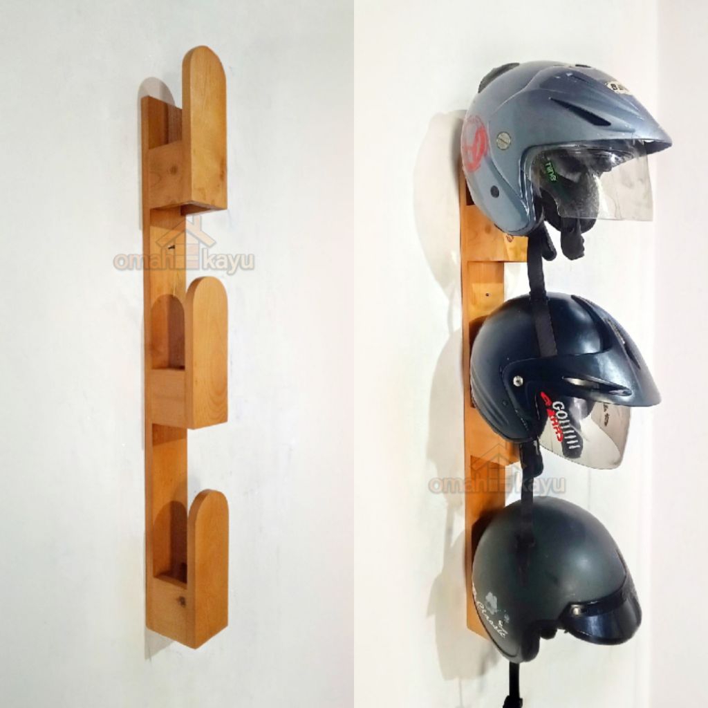 Gantungan helm rak helm tempel dinding kayu jati belanda (vertikal 3 susun)