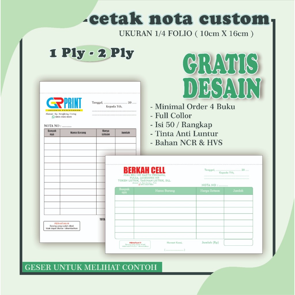 CETAK NOTA CUSTOM 2 PLY NAMA SENDIRI UKURAN SEDANG ¼ POLIO Nota custom 2 ply