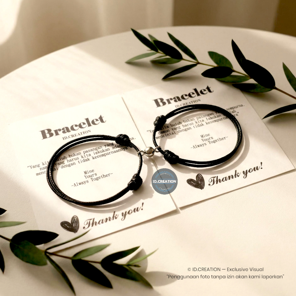 Gelang Couple Magnet Polos (1 Pasang Gelang Tali Korea 2mm Hitam+Magnet
