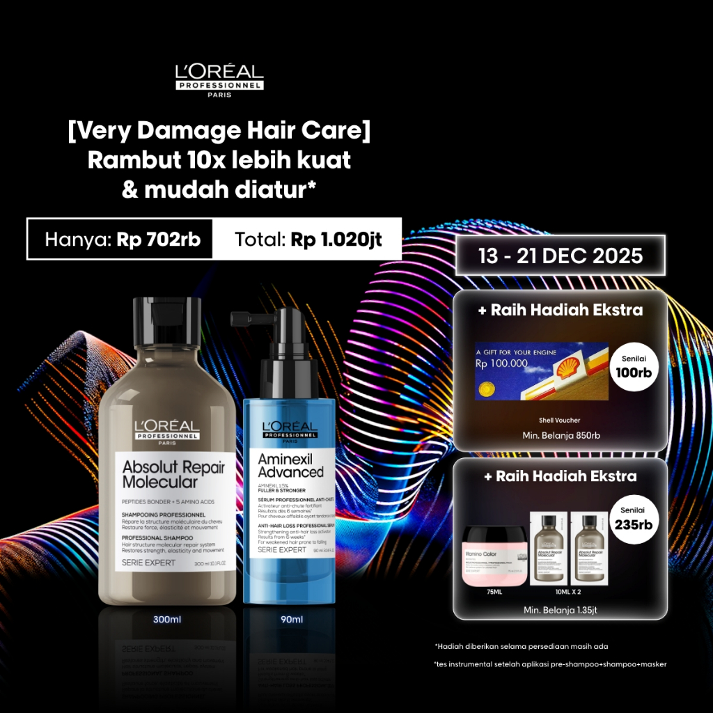 Absolut Repair Molecular Shampoo + Aminexil Serum Rambut Rontok untuk Rambut Kuat & Anti-Rontok by L