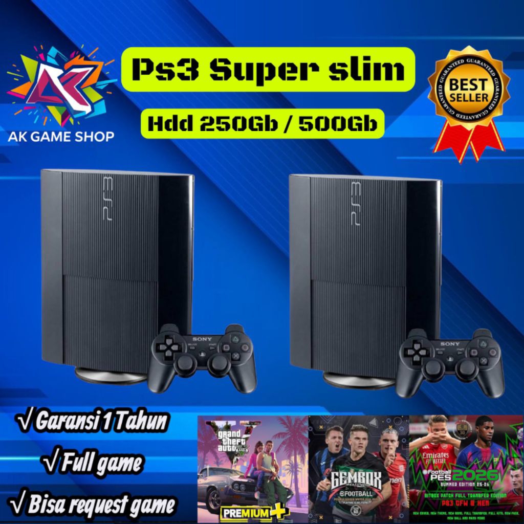 PS3 Super Slim 500GB + 2 Stick Wirelles + Full Game Terbaru