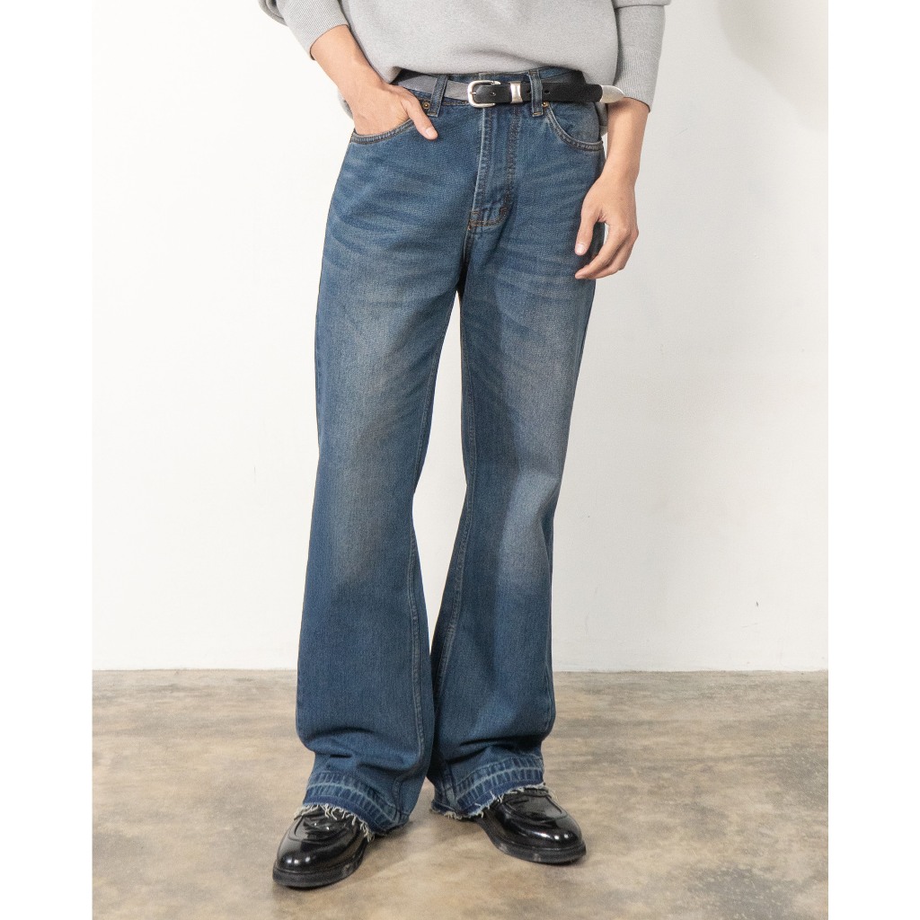 Valorum - Flare Fit Pants Celana Jeans Cutbray Unisex Ripple Dark Blue Whiskered