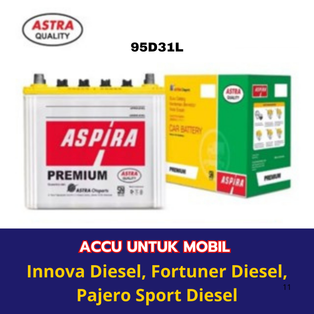 Aki Mobil Innova Diesel, Fortuner Diesel, Pajero Sport Diesel - Accu Aspira 95D31L 12V / 80Ah
