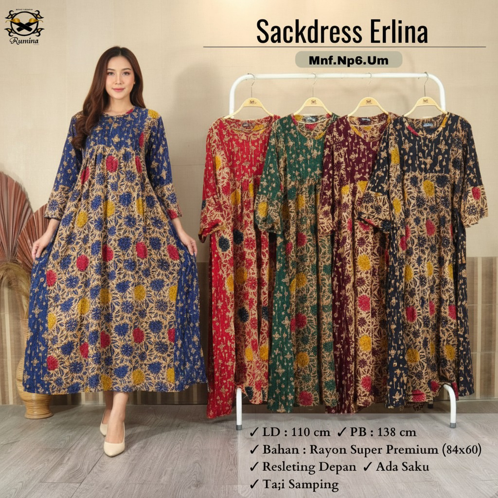 RUMINA BATIK (LD 110 PB 138) Terbaru Sackdress ERLINA  Bisa Busui dengan Resleting depan Tali silang