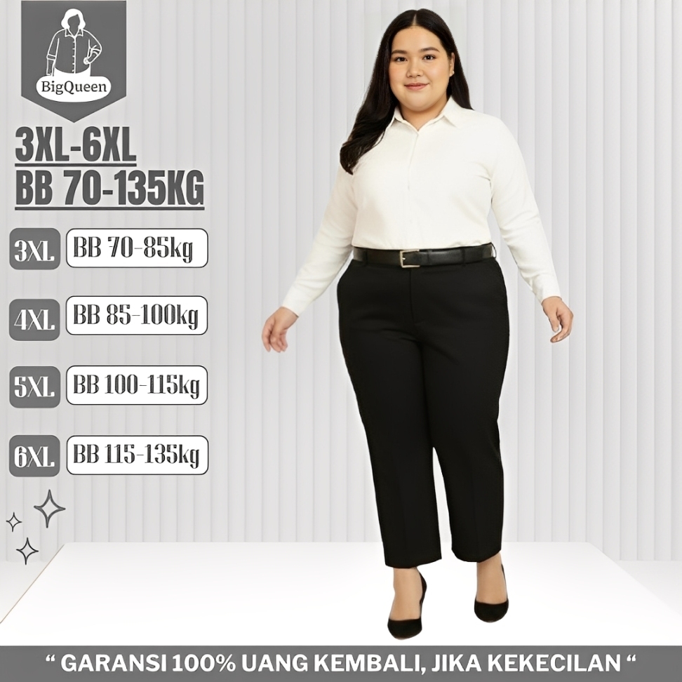 Celana Formal Big Size Katun Wanita Kerja Kantor Pinggang Karet Jumbo Hitam