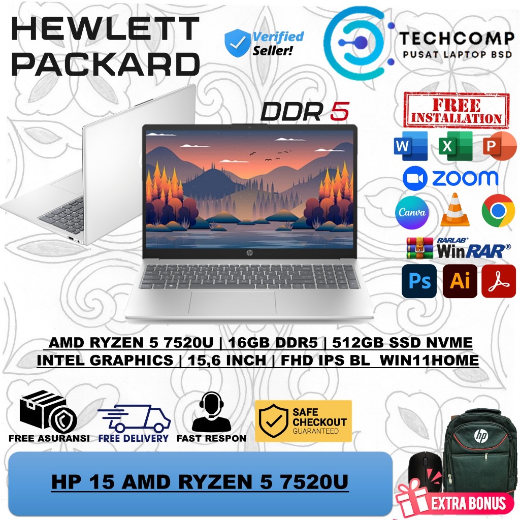 LAPTOP KERJA 'HP 15 AMD RYZEN 5 7520U 15.6 FHD IPS BL WINDOWS 11 HOME