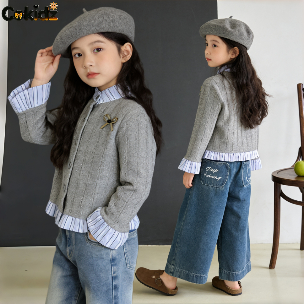 Cokidz Cardigan Anak Perempuan + Celana Baggy Jeans 3-12 Tahun Sweater Lengan Panjang Knit Top Impor