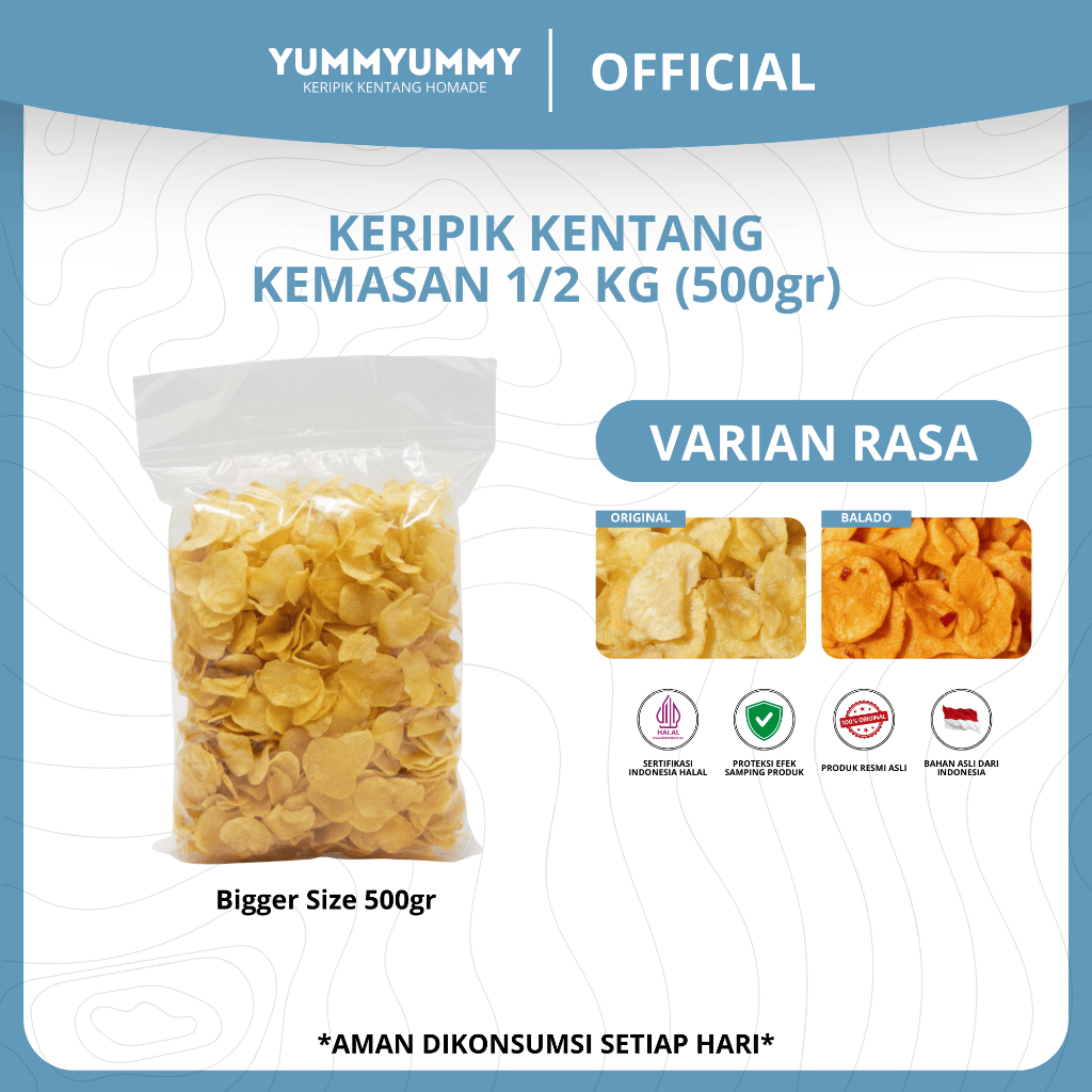 Keripik Kentang Yummyummy Setengah Kilo 1/2 Kg Balado Dan Original Keripik Crispy Halal