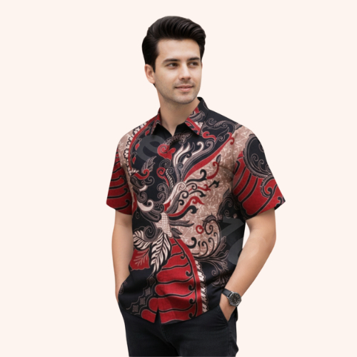 Atasan batik formal pria lengan pendek motif sangkuriang merah mewah