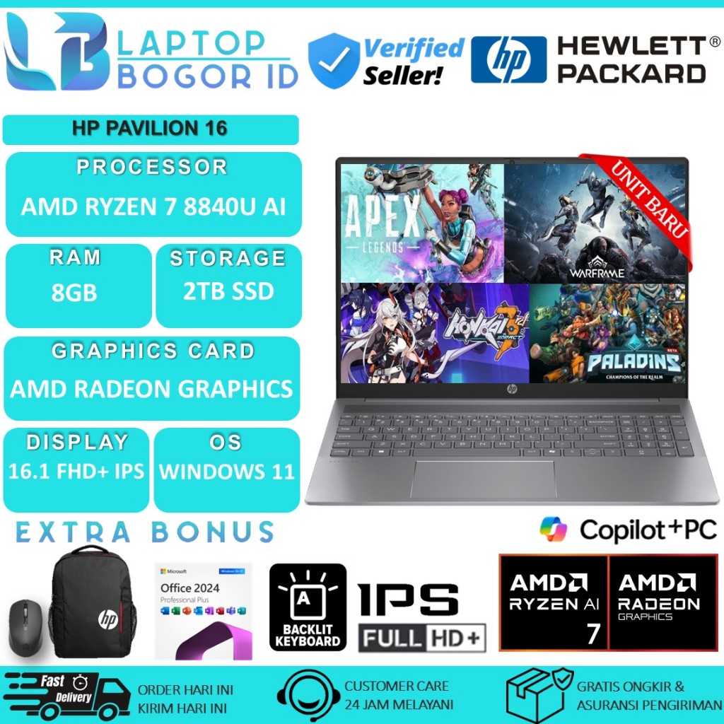 Laptop Hp Pavilion 16 AMD Ryzen 7 8840U Ram 8GB 2TB SSD WUXGA Ips Touch Win11 Office 2024 Silver