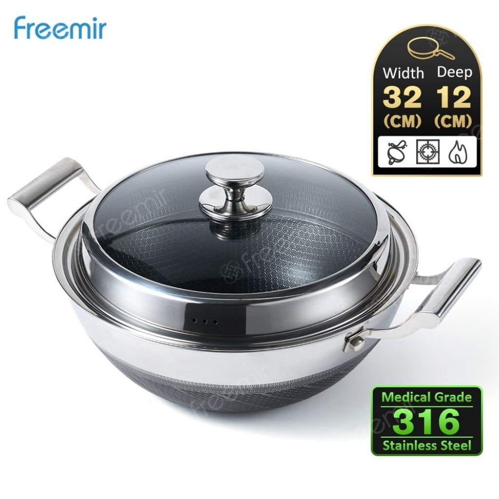 freemir Wok 32cm Stainless Steel 316 Three-Ply Stainless Steel + Tutup Kaca