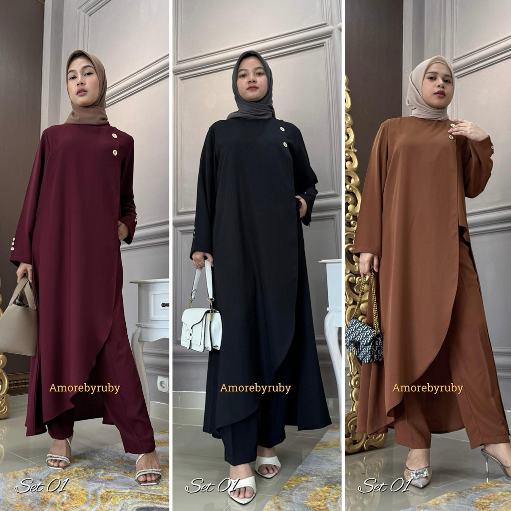 Oneset Tunik dan celana bahan Prada crepe