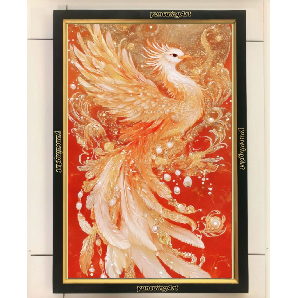 hiasan dinding lukisan cetak burung Phoenix emas plus bingkai ukuran 65×45