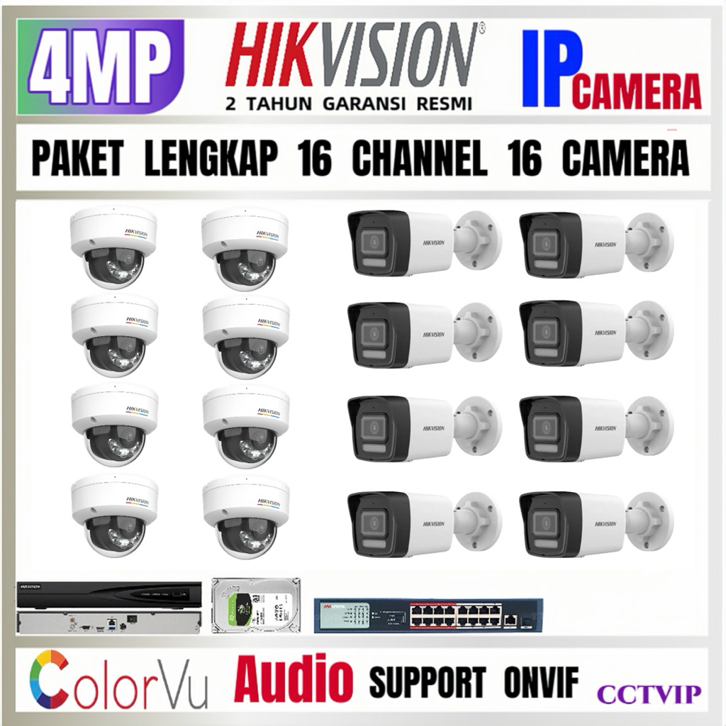 PAKET CCTV HIKVISION IP CAMERA 4MP COLORVU AUDIO 16 CHANNEL 16 CAMERA IP PoE