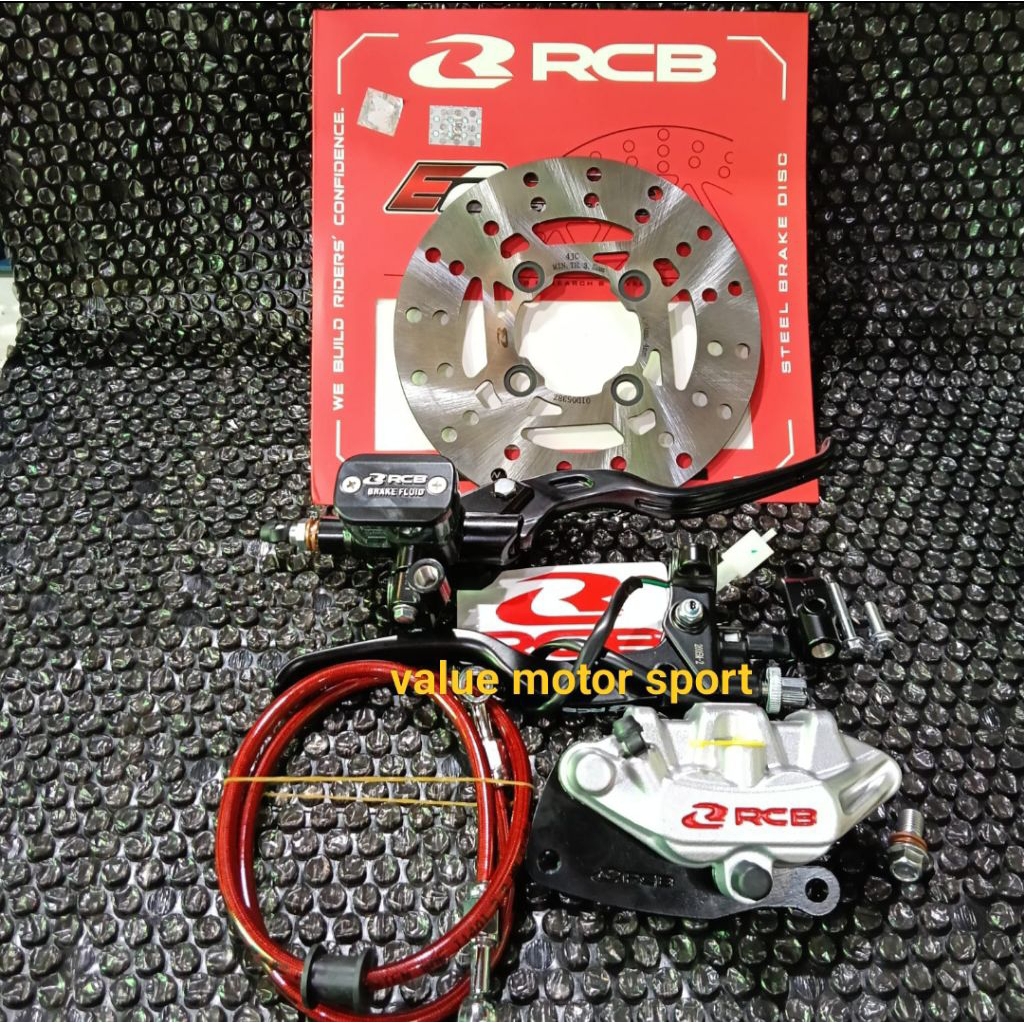 Paketan master rem RCB E3  14mm kotak set kanan/kiri kopling+ kaliper E series 2 piston+ selang rem 