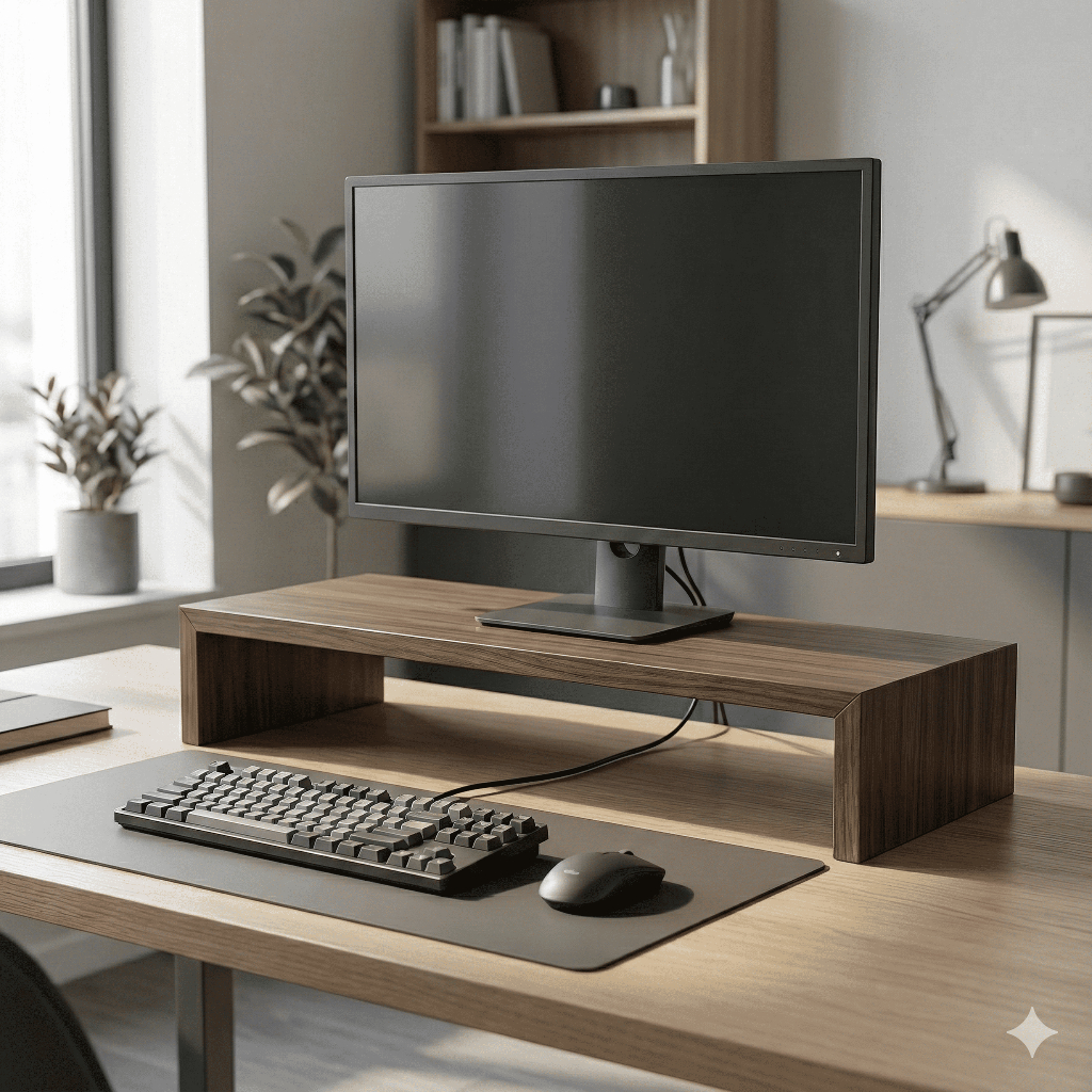 Stand Monitor Kayu Solid Minimalis | Dudukan Monitor Meja Kerja | Custom Panjang 30–60 cm