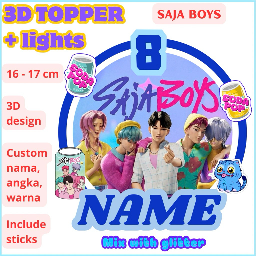 Custom topper kue Saja Boys 3D lights Kpop Huntrix Demon Hunteri