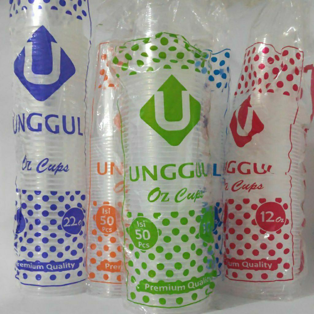 CUP UNGGUL GELAS PLASTIK DATAR @50pcs UKURAN 22OZ, 16OZ, 14OZ, 12OZ, 10OZ