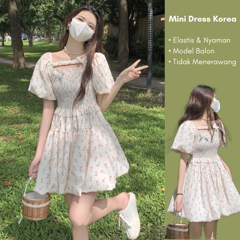 Dress Mini Korea Bunga Pink Putih Wanita Casual