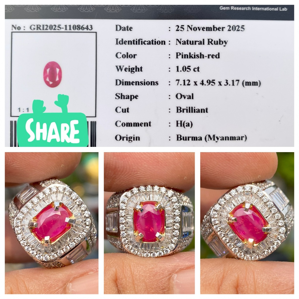 Natural 1.05ct pinkish red ruby burma myanmar ha